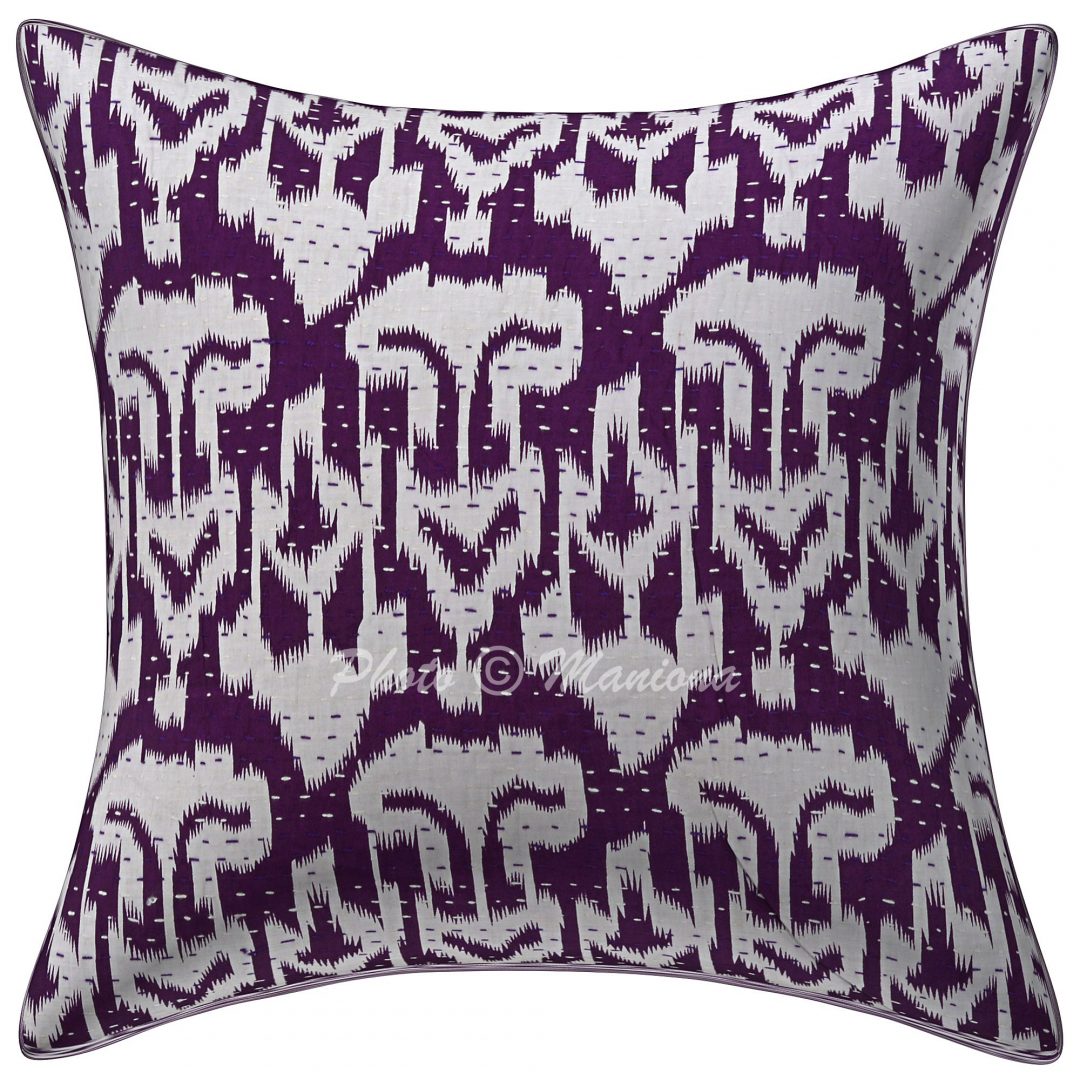 Set of 2 -Purple Ikat Print Kantha Cushion Cover -16 Inch - Vintage ...