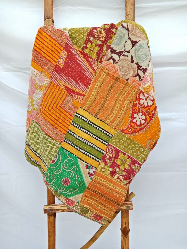 Happy Color Patchwork Kantha Quilt by Vintage Kantha Quilt