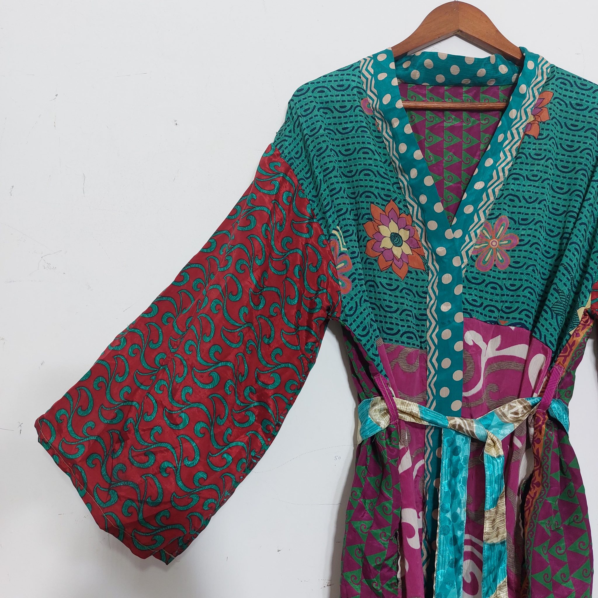 Silk Sari Indian Sleepwear Bathrobe - Vintage Kantha Quilts, Throw 